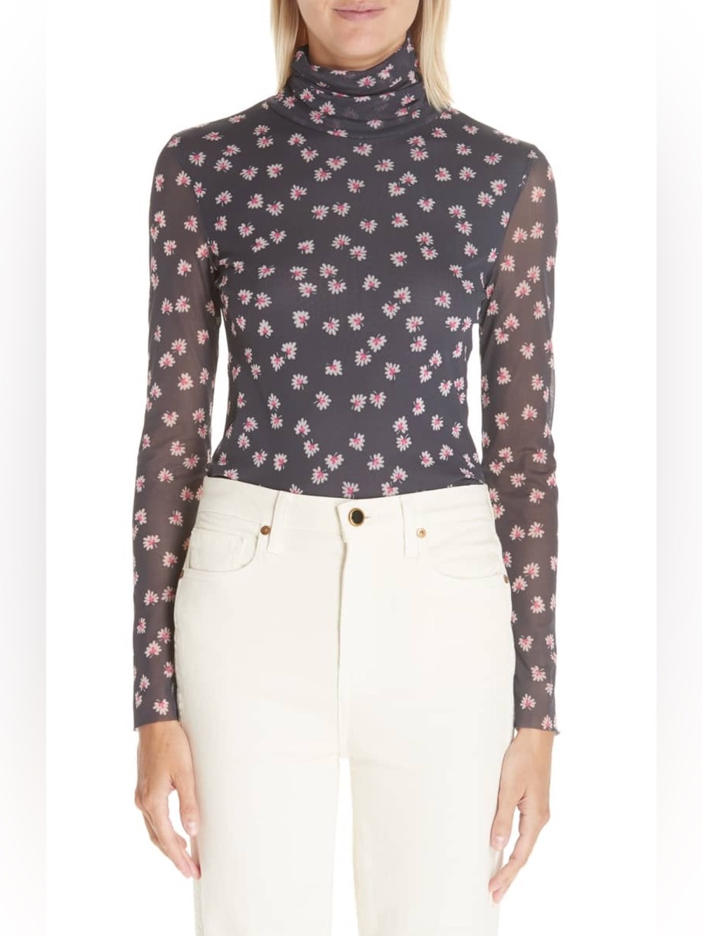 Ganni Tilden Mesh Turtleneck Total Eclipse Floral Print EU 38 US M 6 NEW $115